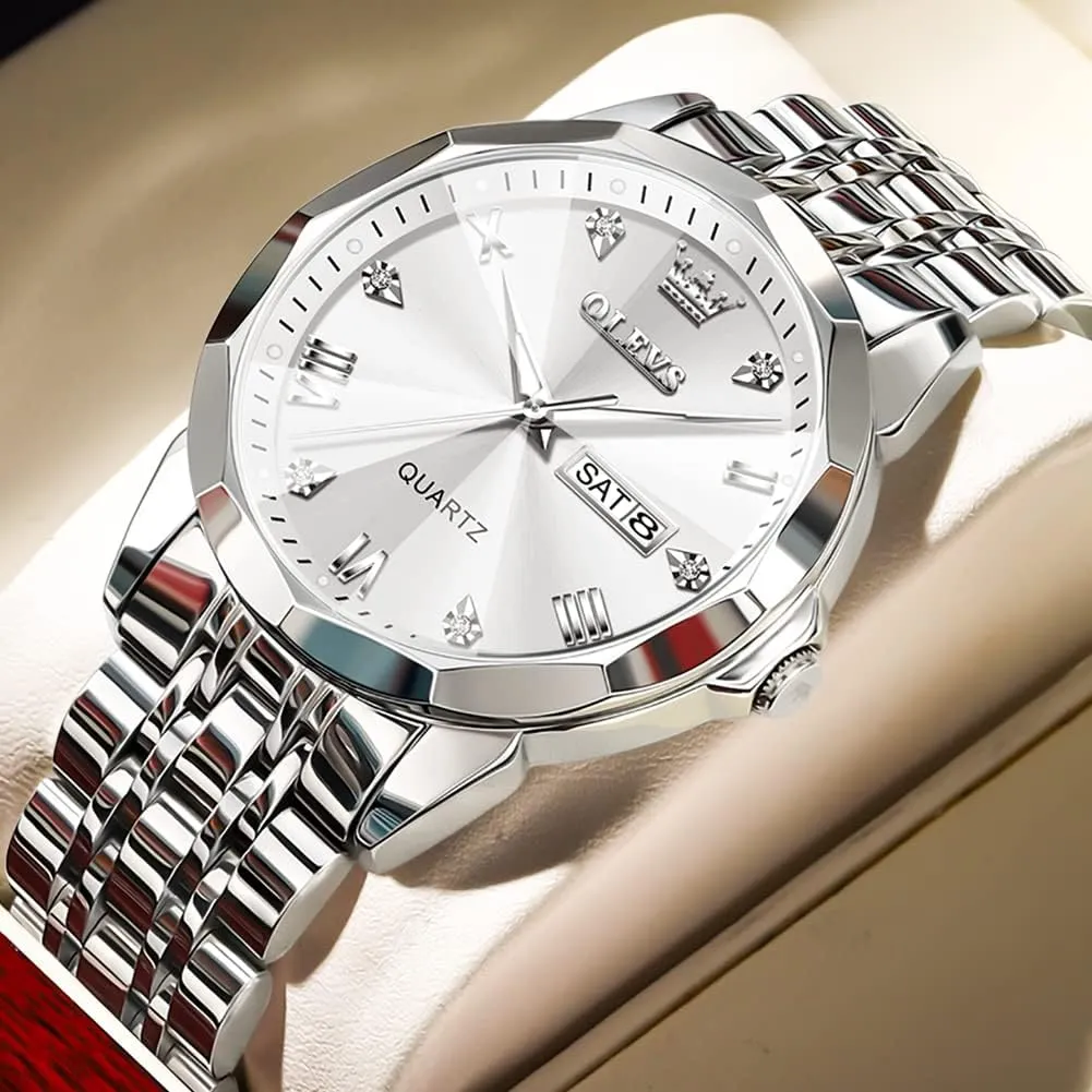 Diamond Analog Quartz Date Luxury Wrist Watch Casual Stainless Steel Waterproof Luminous Two Tone Watch for satellite receptiveness mandate Men OLEVS Men Watches Business Dress 