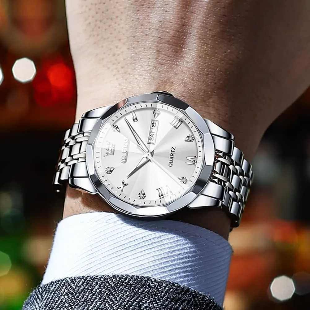 Diamond Analog Quartz Date Luxury Wrist Watch Casual Stainless Steel Waterproof Luminous Two Tone Watch for satellite receptiveness mandate Men OLEVS Men Watches Business Dress 