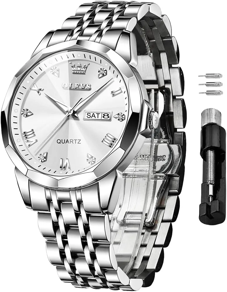 Diamond Analog Quartz Date Luxury Wrist Watch Casual Stainless Steel Waterproof Luminous Two Tone Watch for satellite receptiveness mandate Men OLEVS Men Watches Business Dress 