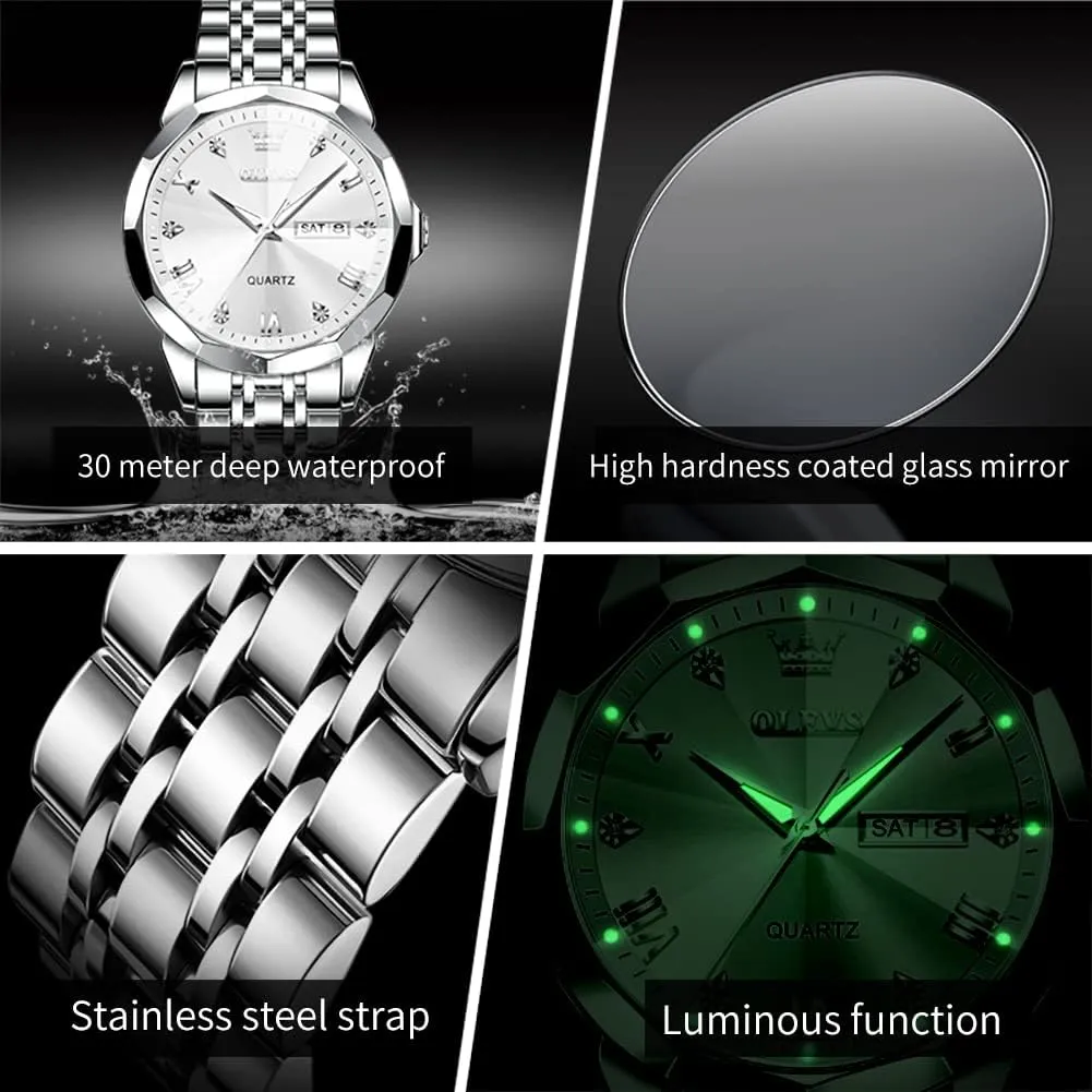 Diamond Analog Quartz Date Luxury Wrist Watch Casual Stainless Steel Waterproof Luminous Two Tone Watch for satellite receptiveness mandate Men OLEVS Men Watches Business Dress 