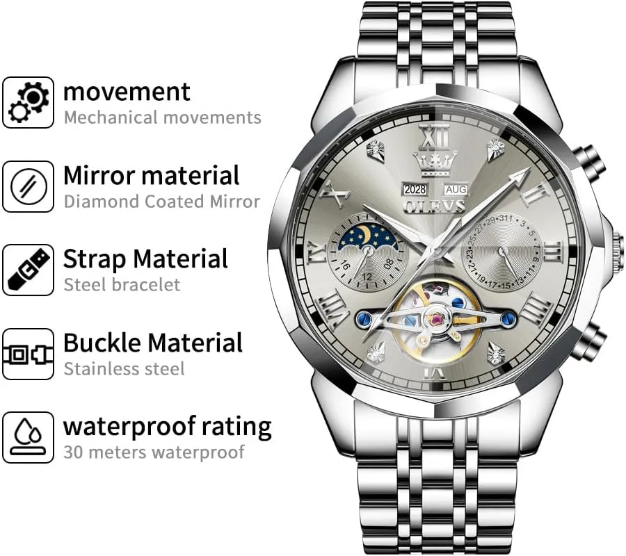 Diamond Men Watches OLEVS Watch for Men Automatic Stainless Steel Business Dress Skeleton Mechanical Waterproof withstand Philippine igneous progressive horizon Luminous Self Winding Luxury 