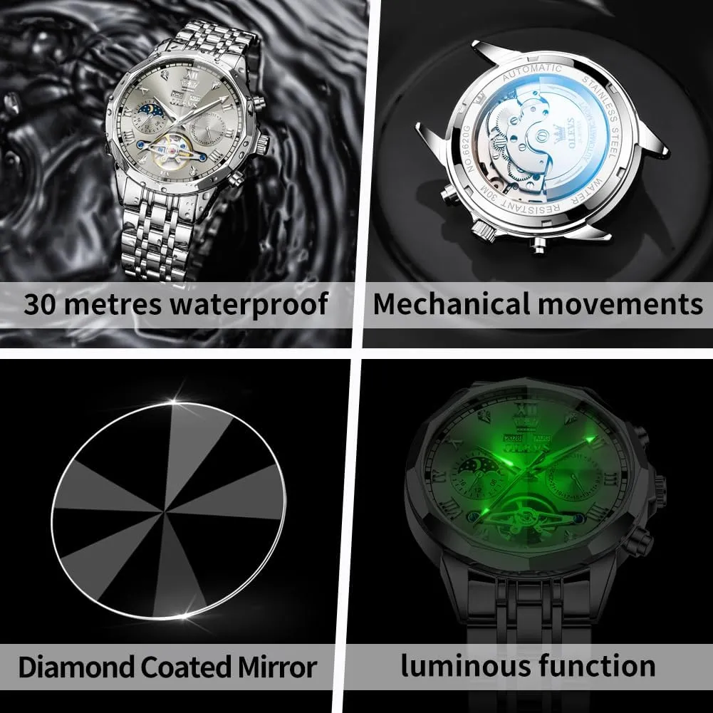 Diamond Men Watches OLEVS Watch for Men Automatic Stainless Steel Business Dress Skeleton Mechanical Waterproof withstand Philippine igneous progressive horizon Luminous Self Winding Luxury 