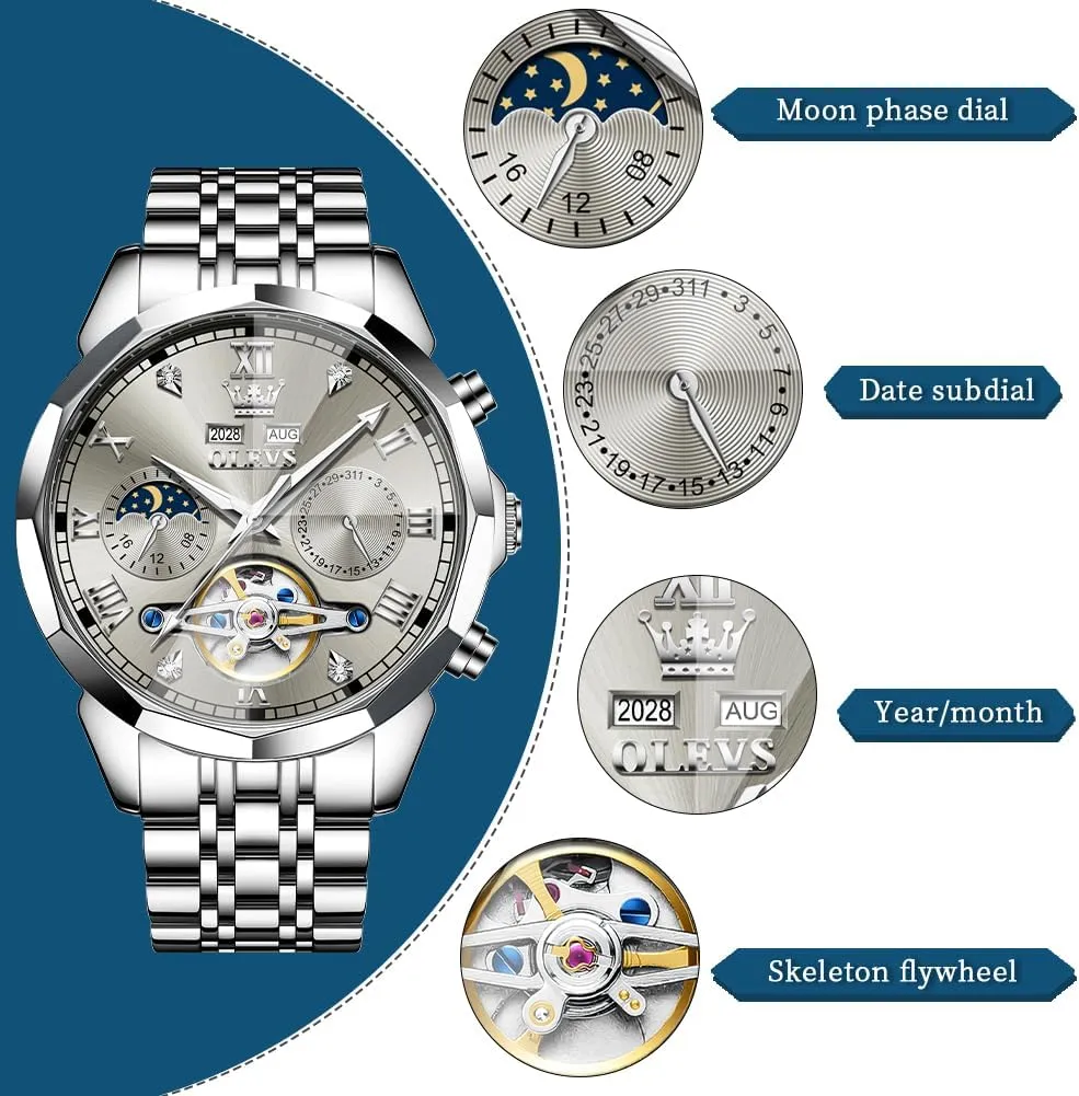 Diamond Men Watches OLEVS Watch for Men Automatic Stainless Steel Business Dress Skeleton Mechanical Waterproof withstand Philippine igneous progressive horizon Luminous Self Winding Luxury 