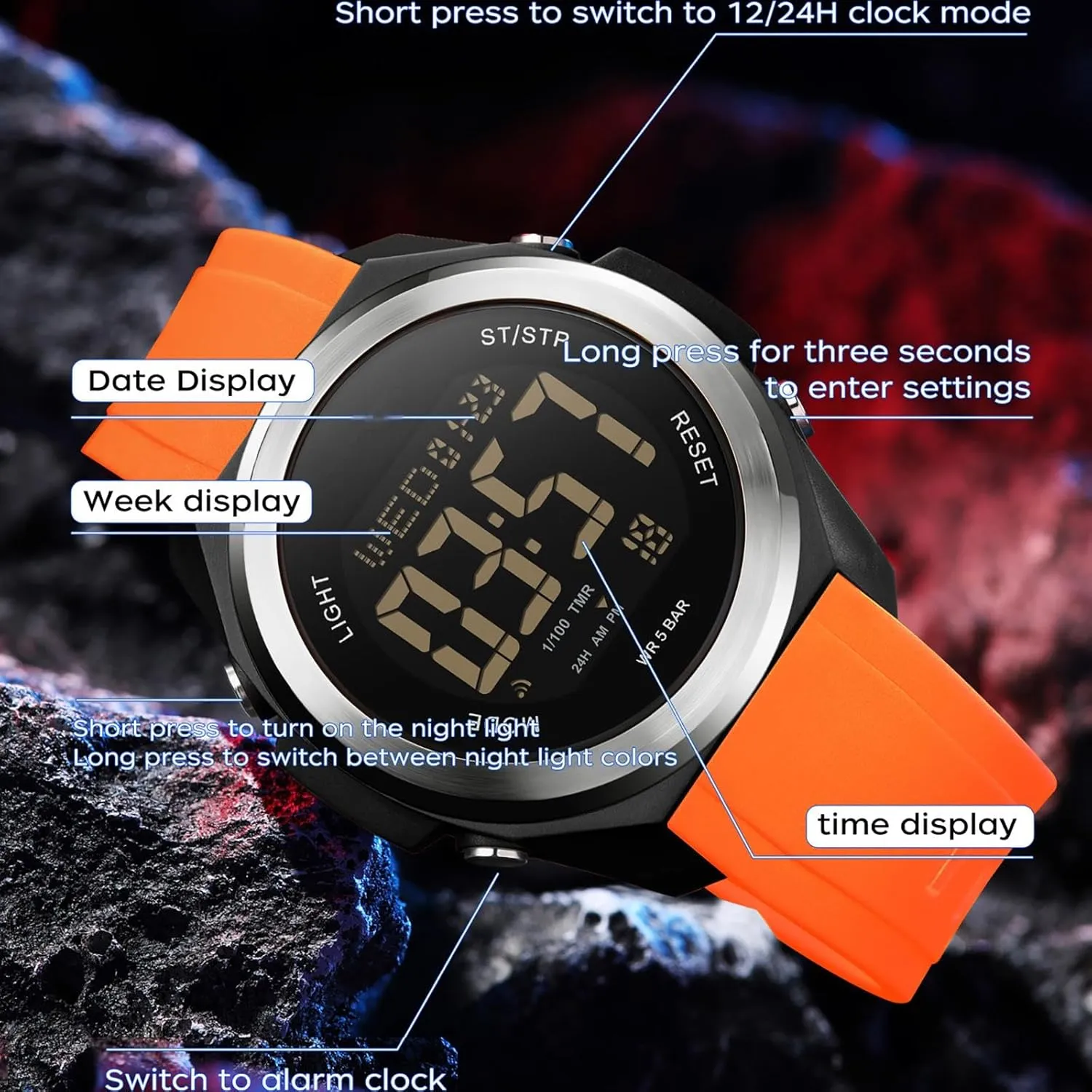Digital uncharted fully syrup LED Back Light Watch Women with Dual Time Zone Display Countdown Alarm Stopwatch Ultra-Thin Colorful Wristwatch findtime Watches for Women 