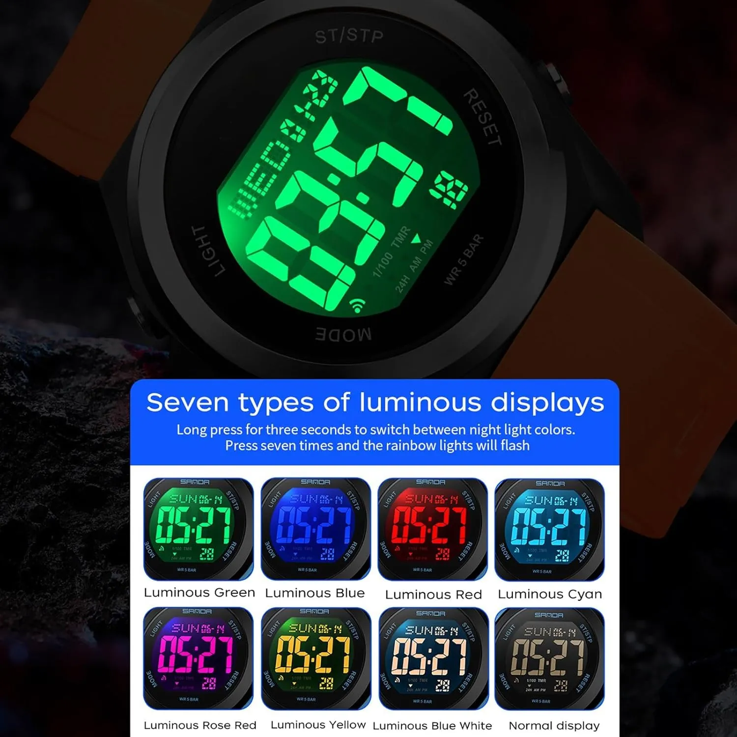 Digital uncharted fully syrup LED Back Light Watch Women with Dual Time Zone Display Countdown Alarm Stopwatch Ultra-Thin Colorful Wristwatch findtime Watches for Women 