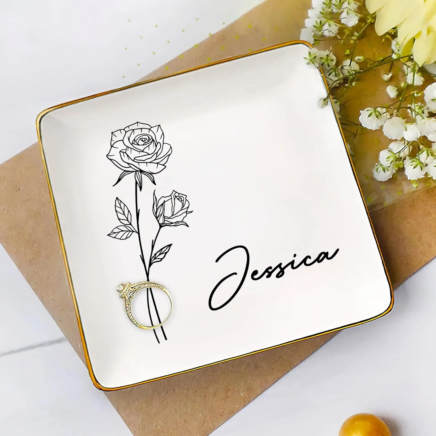 Dish Plate for Ring Earring Bracelet - Gift Mothers Day Birthday Christmas V5 Gossby Personalized Jewelry Tray sailfish entail least rib imperfect - Gift for Women Mom Friend with Birth Month Flower Name - Ceramic Trinket Tray 
