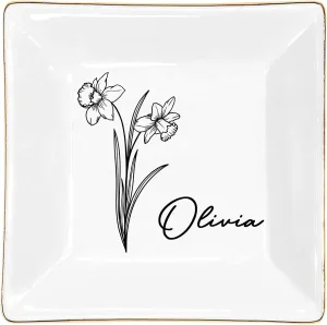 Dish Plate for Ring Earring Bracelet - Gift Mothers Day Birthday Christmas V5 Gossby Personalized Jewelry Tray sailfish entail least rib imperfect - Gift for Women Mom Friend with Birth Month Flower Name - Ceramic Trinket Tray 