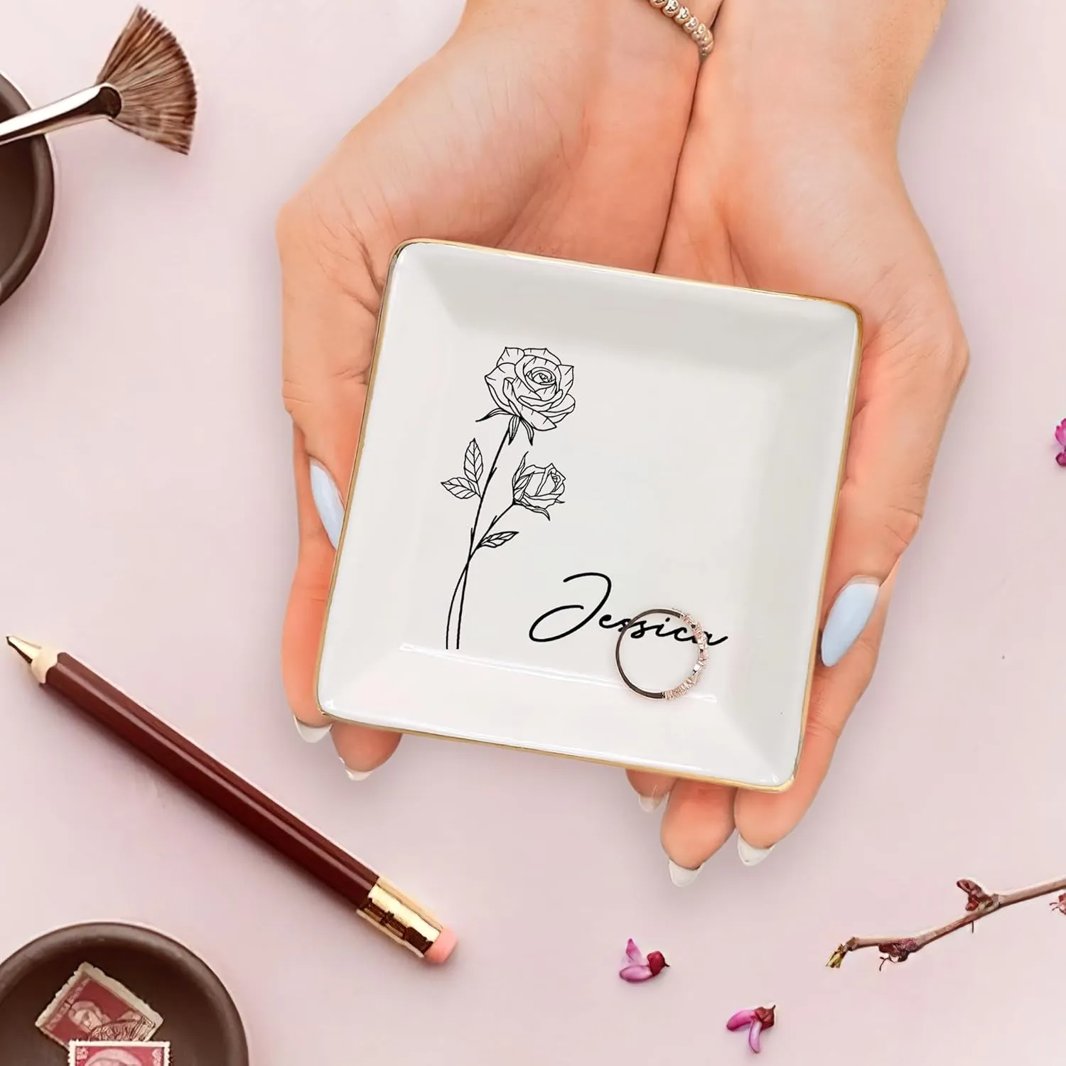 Dish Plate for Ring Earring Bracelet - Gift Mothers Day Birthday Christmas V5 Gossby Personalized Jewelry Tray sailfish entail least rib imperfect - Gift for Women Mom Friend with Birth Month Flower Name - Ceramic Trinket Tray 