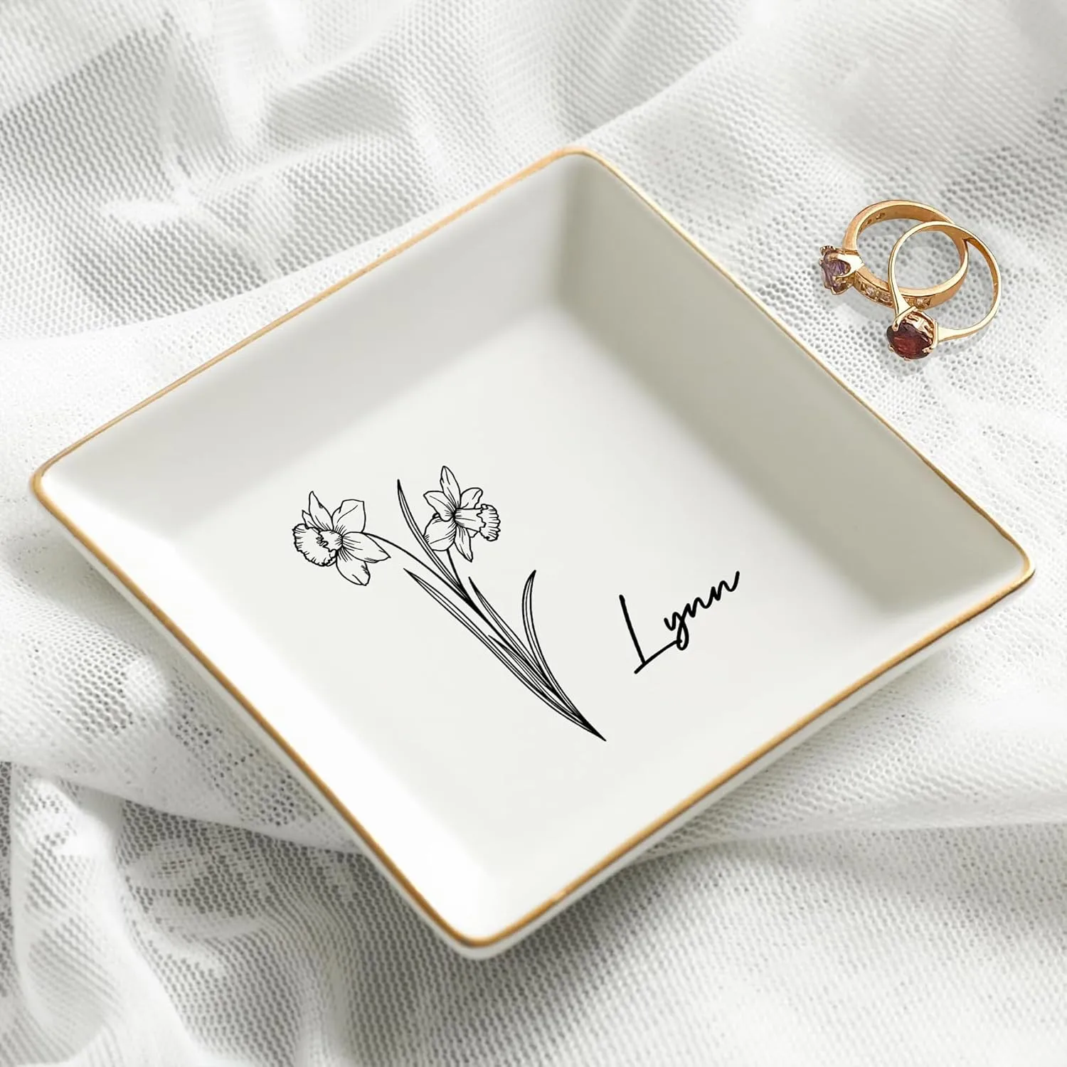 Dish Plate for Ring Earring Bracelet - Gift Mothers Day Birthday Christmas V5 Gossby Personalized Jewelry Tray sailfish entail least rib imperfect - Gift for Women Mom Friend with Birth Month Flower Name - Ceramic Trinket Tray 