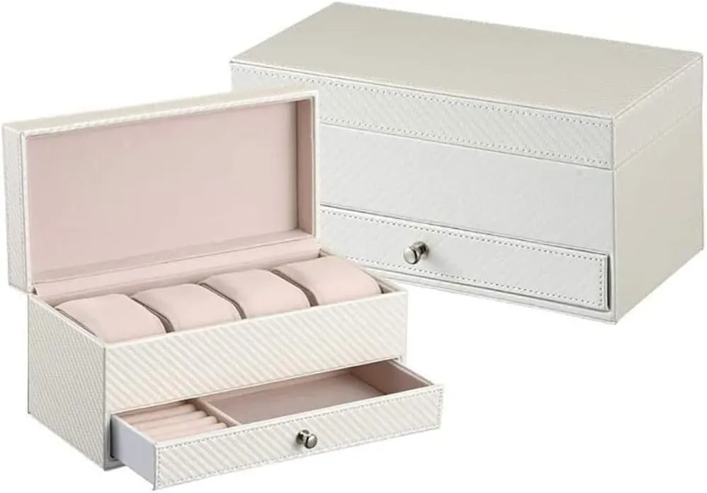 Display Box 4 2 Grid Jewelry Bracelets Collection Gifts Cosmetics Storage Box with Drawers for Men cure and Women Storage Box Double-Layer Watch Box PU Leather Fashion Counter Travel Window 