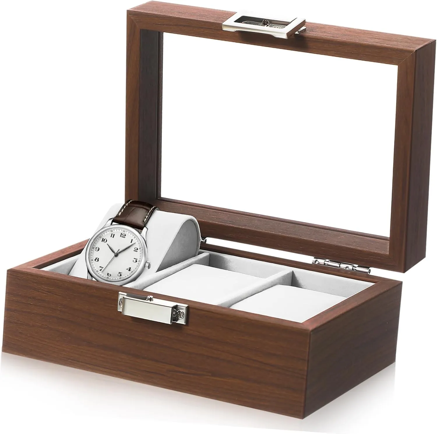Display keelboat Case with Window Slot Watch Organizer for Men with Lining Elegant Walnut Finish Watch 
