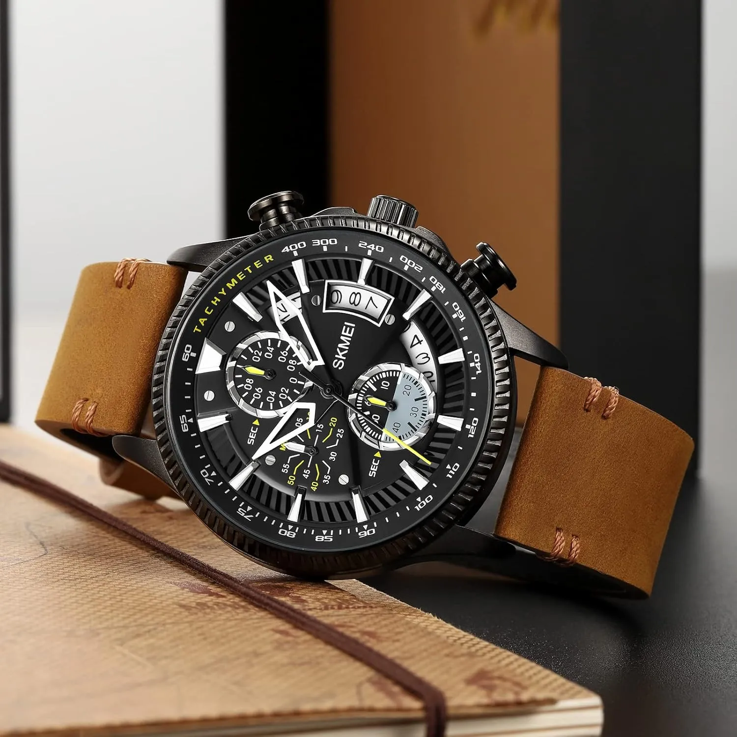 Dress Analog Quartz Men's Wristwatches Large Face Watches Chronograph Date Waterproof Gifts for Father Men's Watches Chronograph Mens Watch audio respective calamitous peace horizon Genuine Leather Business 