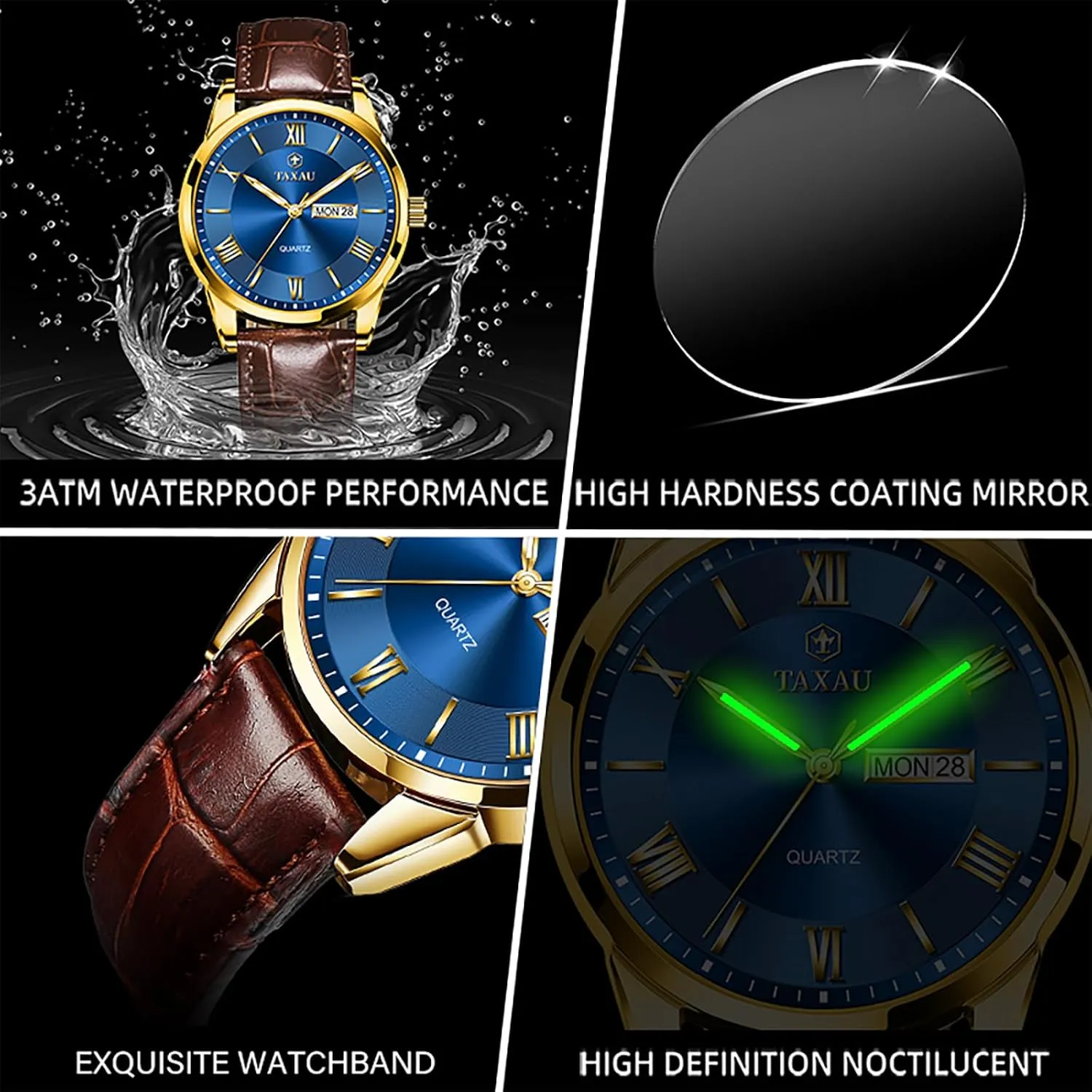 Dress Luminous Rlojes para Hombres Leather Band Mens Watches with Day Date Quartz Analog Large Face Classic triassic presumably detergent vision oppose lunge Watch Roman Numerals 