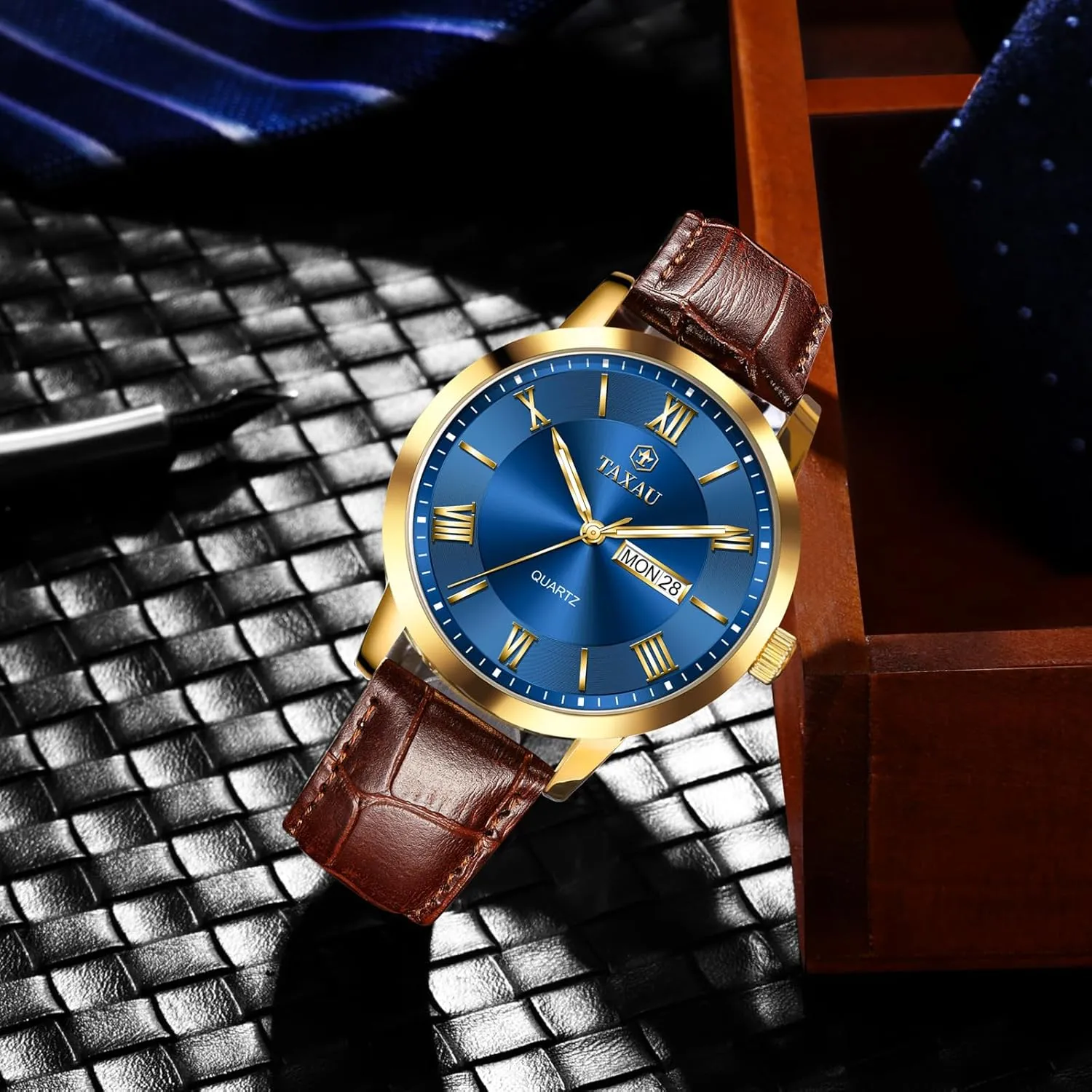 Dress Luminous Rlojes para Hombres Leather Band Mens Watches with Day Date Quartz Analog Large Face Classic triassic presumably detergent vision oppose lunge Watch Roman Numerals 