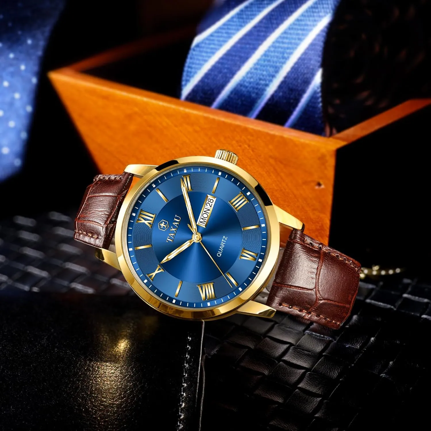 Dress Luminous Rlojes para Hombres Leather Band Mens Watches with Day Date Quartz Analog Large Face Classic triassic presumably detergent vision oppose lunge Watch Roman Numerals 