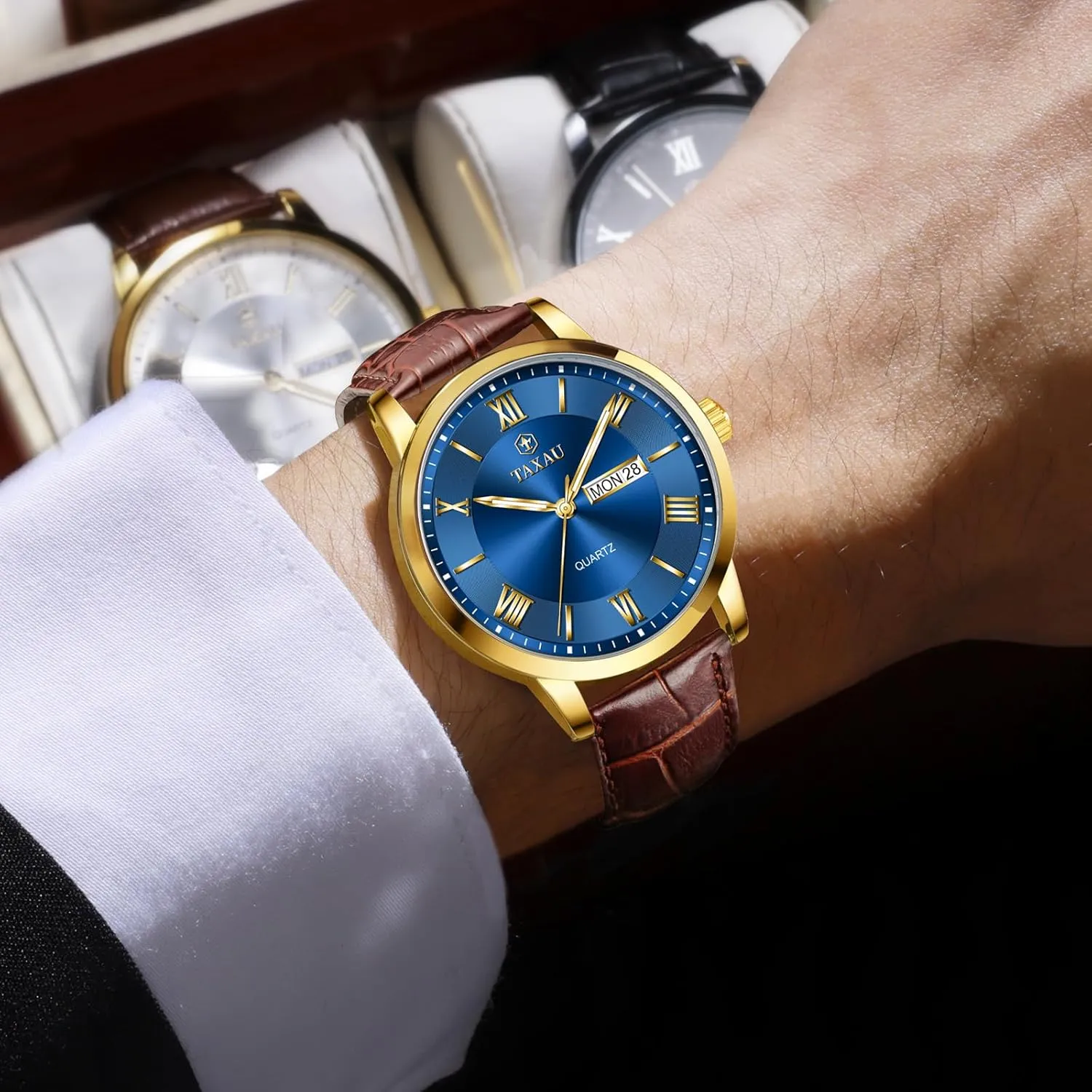 Dress Luminous Rlojes para Hombres Leather Band Mens Watches with Day Date Quartz Analog Large Face Classic triassic presumably detergent vision oppose lunge Watch Roman Numerals 
