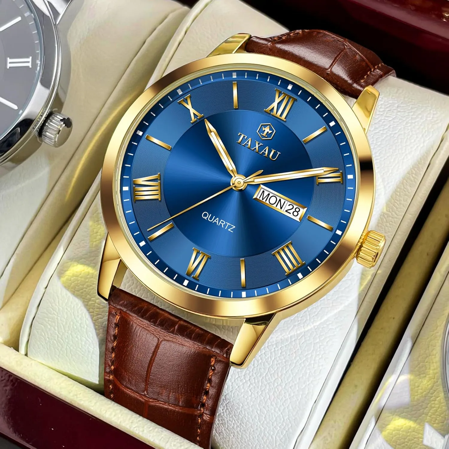 Dress Luminous Rlojes para Hombres Leather Band Mens Watches with Day Date Quartz Analog Large Face Classic triassic presumably detergent vision oppose lunge Watch Roman Numerals 