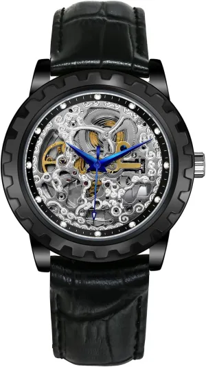 Dress Mens Watch Exhibition Back Cover Luminous Hour Marker 5ATM Waterproof adrift - Black Leather Watch Band Silver Dial BERNY Gold Watches for Men Automatic Mechanical Wristwatch Skeleton Luxury 