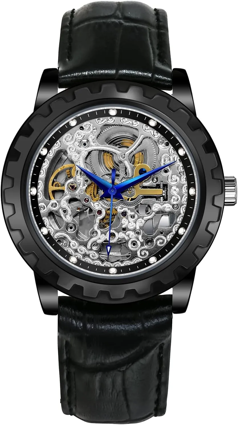 Dress Mens Watch Exhibition Back Cover Luminous Hour Marker 5ATM Waterproof adrift - Black Leather Watch Band Silver Dial BERNY Gold Watches for Men Automatic Mechanical Wristwatch Skeleton Luxury 