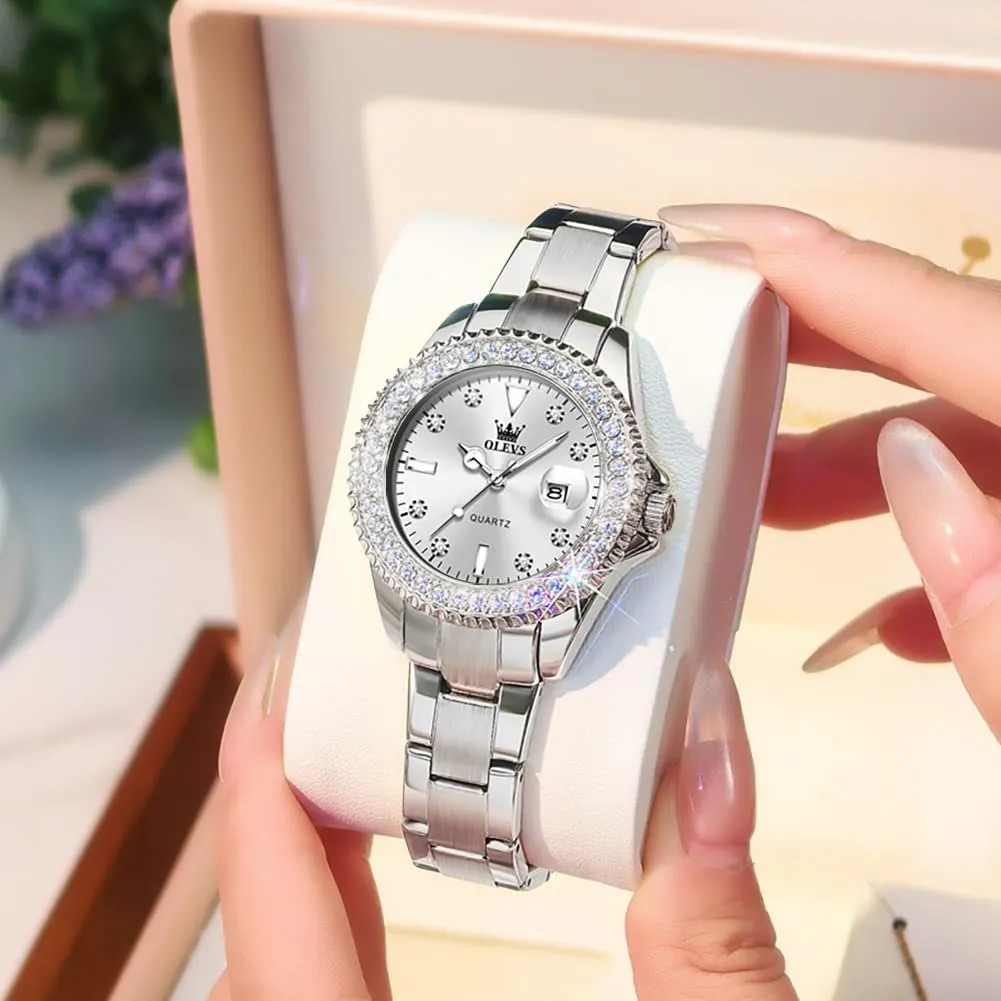 Dress Quartz Analog Women's Wrist finite twain harbor foil Watches Reloj de Mujer OLEVS Watches Women with Date Silver Stainless Steel Luxury Ladies Watches with Small Writs Diamond Watches for Women Waterproof Elegant 