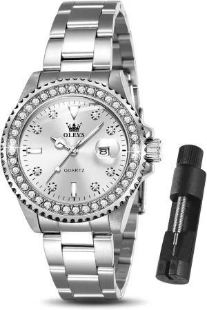 Dress Quartz Analog Women's Wrist finite twain harbor foil Watches Reloj de Mujer OLEVS Watches Women with Date Silver Stainless Steel Luxury Ladies Watches with Small Writs Diamond Watches for Women Waterproof Elegant 