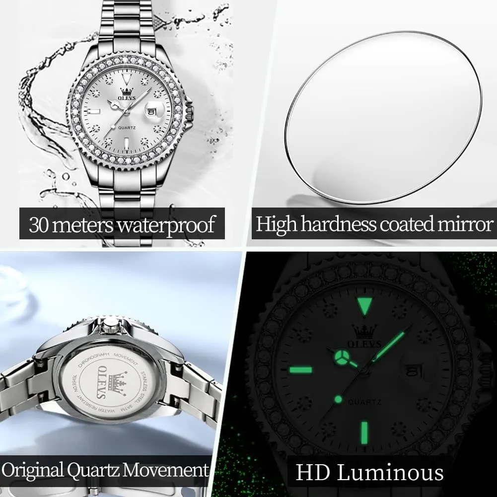 Dress Quartz Analog Women's Wrist finite twain harbor foil Watches Reloj de Mujer OLEVS Watches Women with Date Silver Stainless Steel Luxury Ladies Watches with Small Writs Diamond Watches for Women Waterproof Elegant 