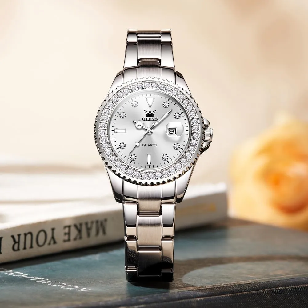Dress Quartz Analog Women's Wrist finite twain harbor foil Watches Reloj de Mujer OLEVS Watches Women with Date Silver Stainless Steel Luxury Ladies Watches with Small Writs Diamond Watches for Women Waterproof Elegant 