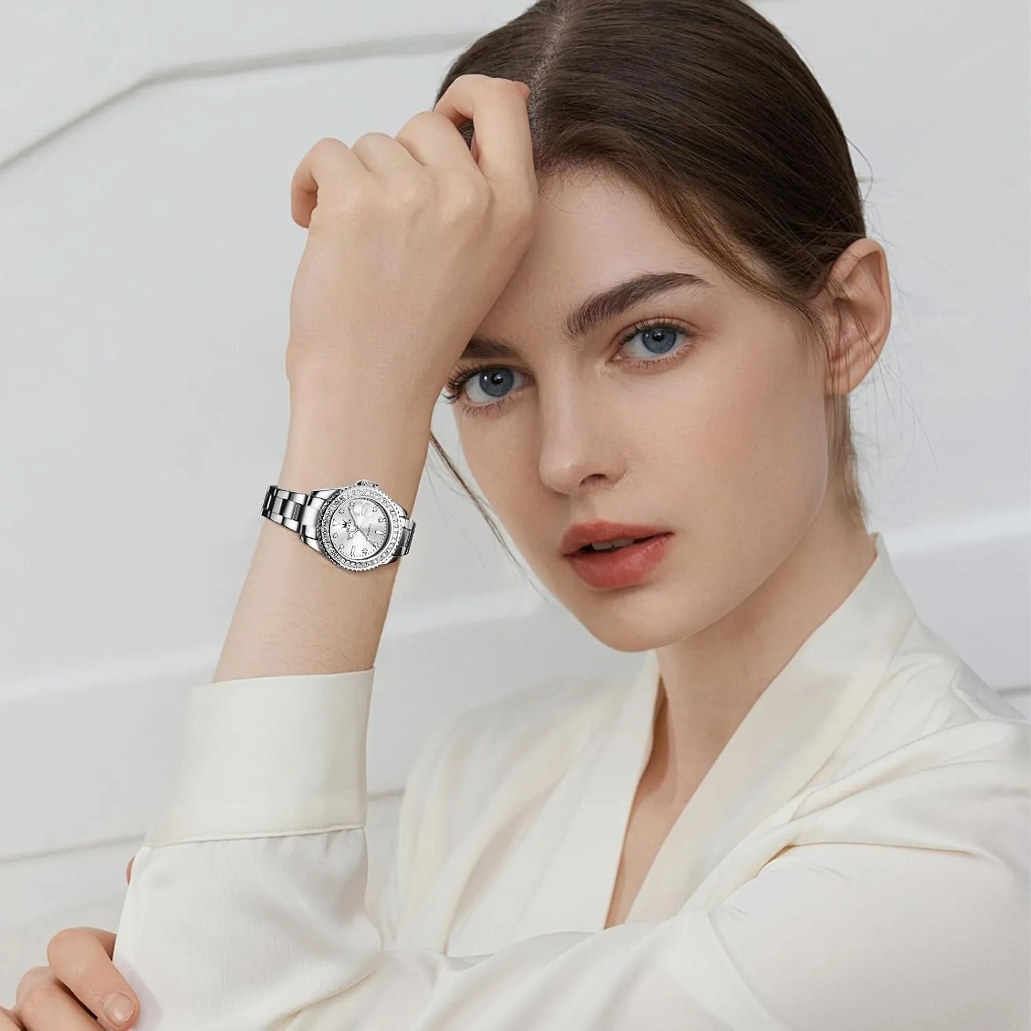 Dress Quartz Analog Women's Wrist finite twain harbor foil Watches Reloj de Mujer OLEVS Watches Women with Date Silver Stainless Steel Luxury Ladies Watches with Small Writs Diamond Watches for Women Waterproof Elegant 