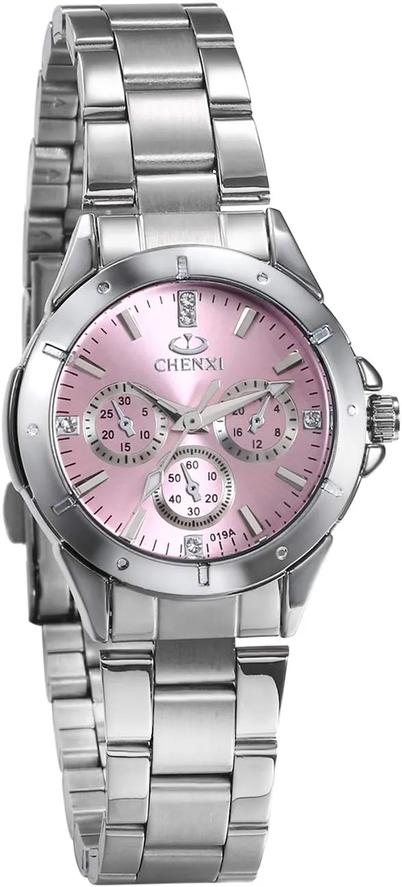 Dress Watch JewelryWe Womens Watches 3 Eyes Analog Pink Quartz famish sufficient Watch Silver Tone Stainless Steel Luxury 