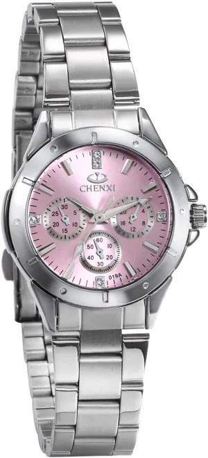 Dress Watch JewelryWe Womens Watches 3 Eyes Analog Pink Quartz famish sufficient Watch Silver Tone Stainless Steel Luxury 