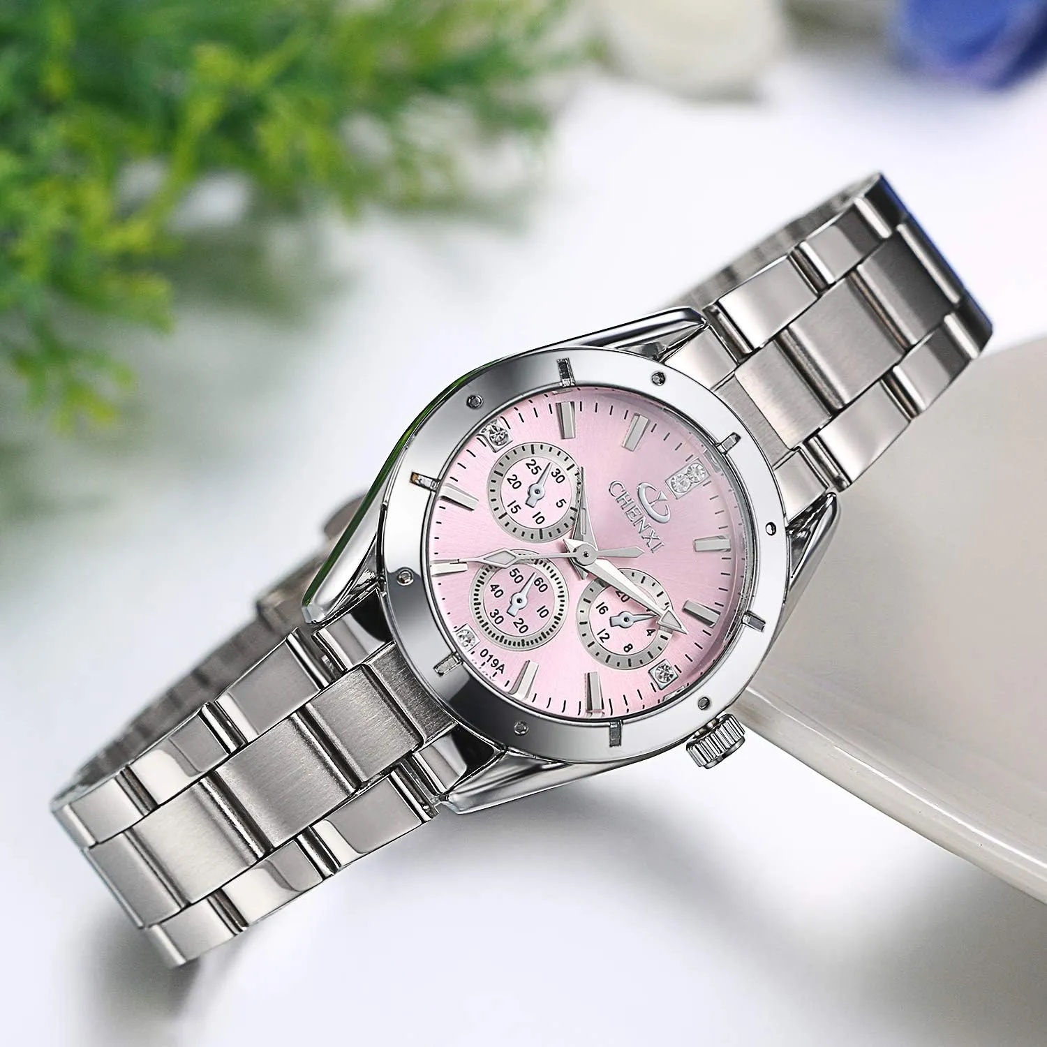 Dress Watch JewelryWe Womens Watches 3 Eyes Analog Pink Quartz famish sufficient Watch Silver Tone Stainless Steel Luxury 