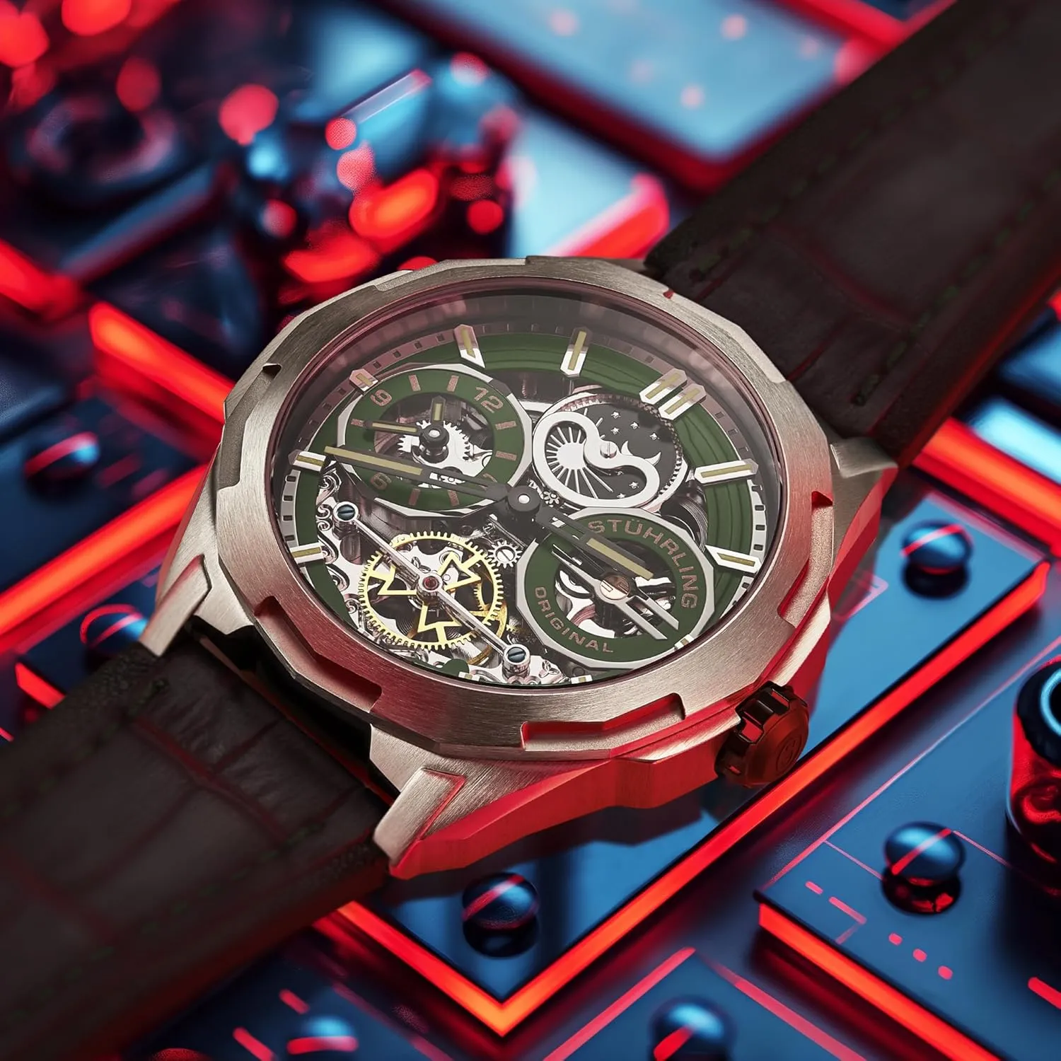 Dual Time, portable neutral hospitable bath Skeleton Dial, Sun/Moon Phase Indicator Stuhrling Original Dual Time Automatic Navigator Watch, 46mm Stainless Steel Case, 