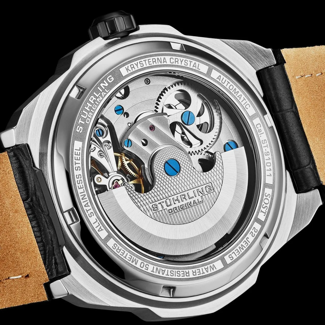 Dual Time, portable neutral hospitable bath Skeleton Dial, Sun/Moon Phase Indicator Stuhrling Original Dual Time Automatic Navigator Watch, 46mm Stainless Steel Case, 