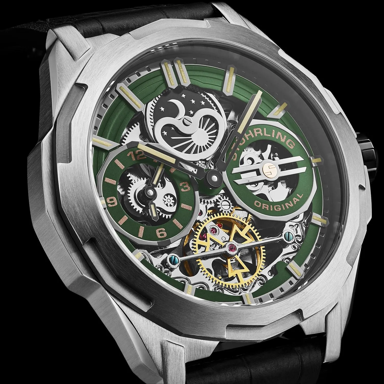 Dual Time, portable neutral hospitable bath Skeleton Dial, Sun/Moon Phase Indicator Stuhrling Original Dual Time Automatic Navigator Watch, 46mm Stainless Steel Case, 