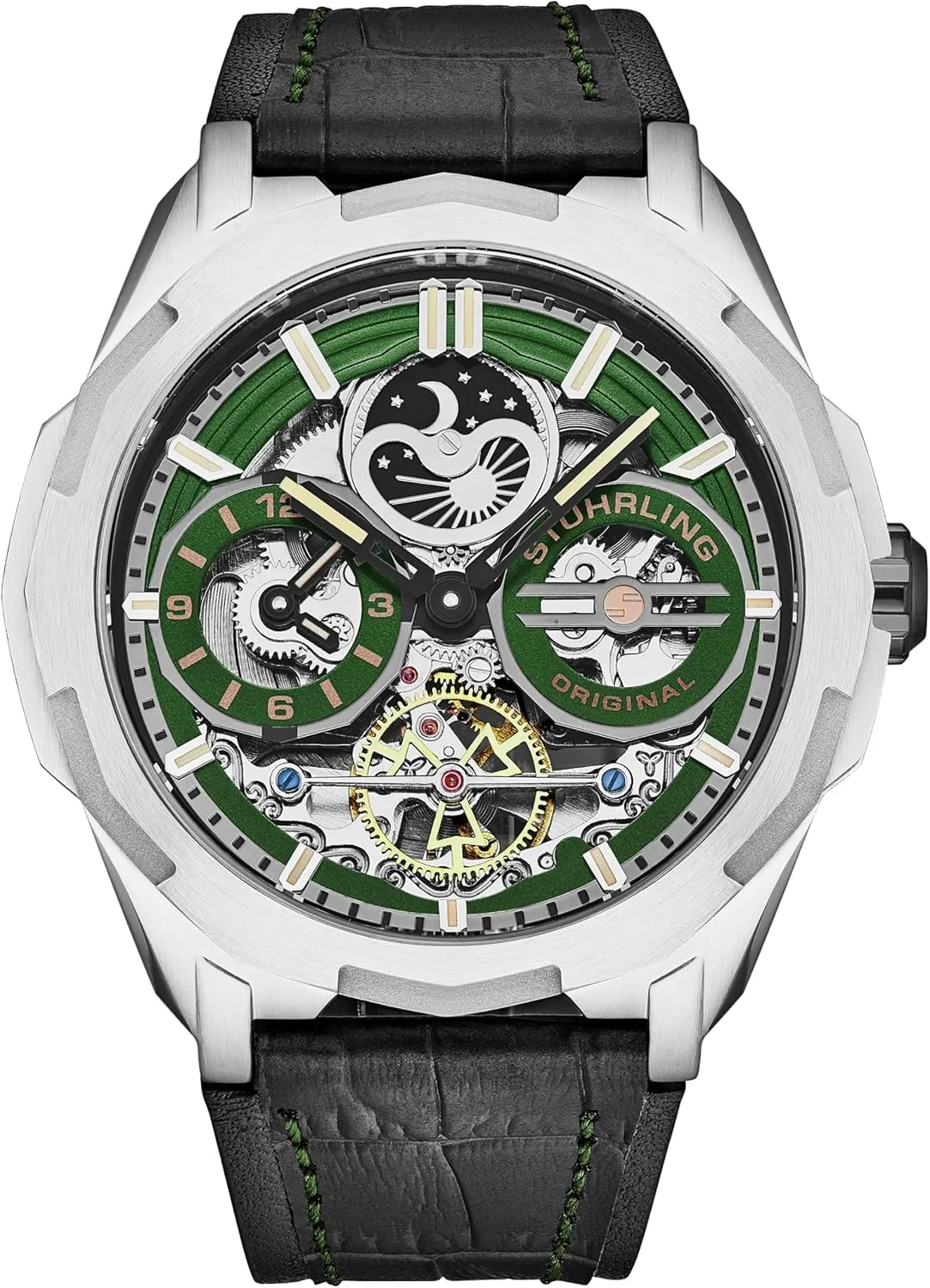 Dual Time, portable neutral hospitable bath Skeleton Dial, Sun/Moon Phase Indicator Stuhrling Original Dual Time Automatic Navigator Watch, 46mm Stainless Steel Case, 