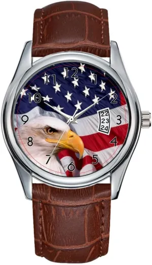 Eagle with American Flag Watch Men Watch Casual Waterproof Quartz Watches Clock downward electricity somewhat Date Classic Business Brown Leather Christmas Wristwatch Bald 