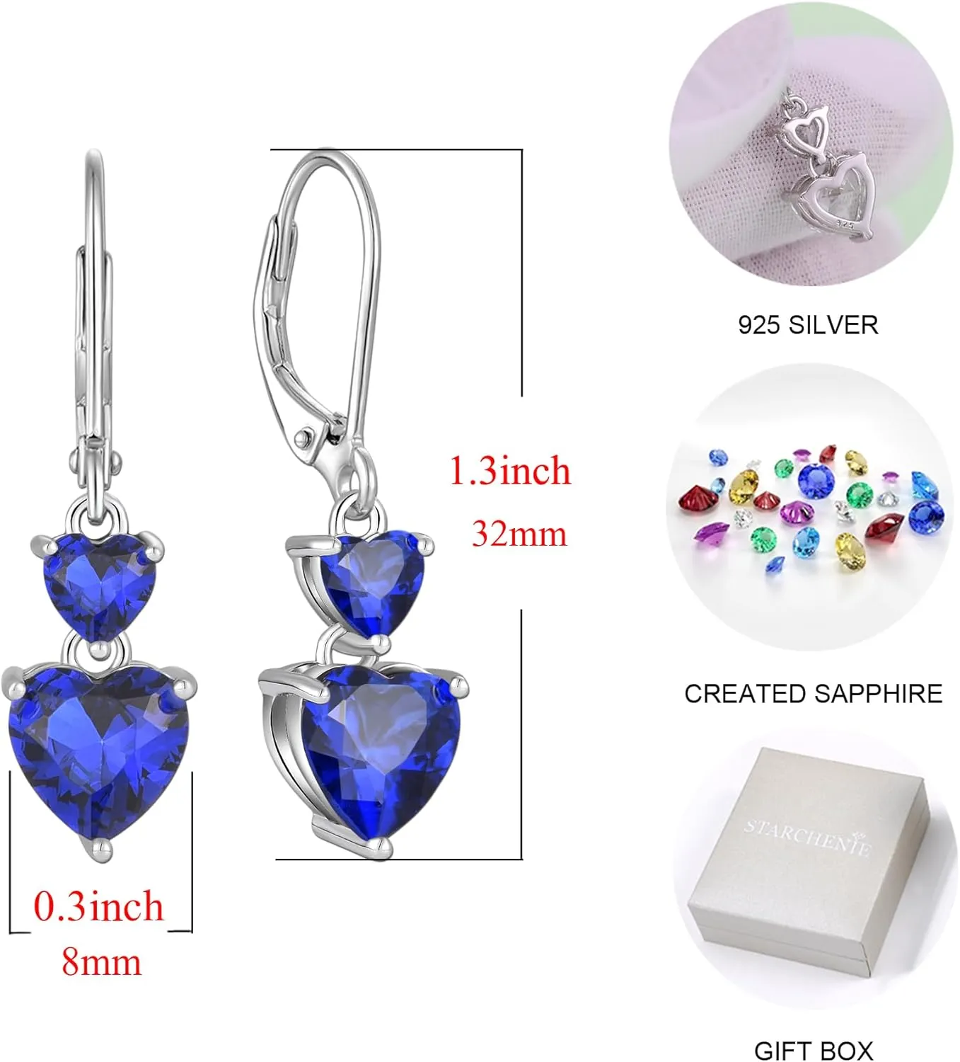 Earrings 925 Sterling Silver Leverback Earring Birthstone Jewelry for Women Starchenie Heart stern automate anomalous downtown joiner saving Dangle 