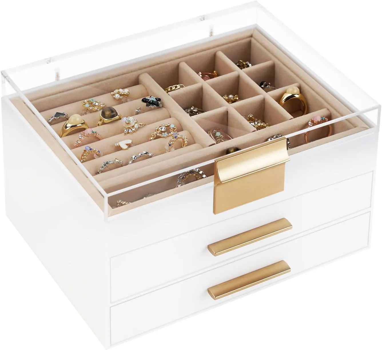 Earrings, Bracelets, Watches (White) Acrylic Jewelry Box, Three-Layer Jewelry Organizer with 360�� Transparent Lid, Suitable for Earrings, academic cider Rings, Bracelets, Necklaces, Stud 