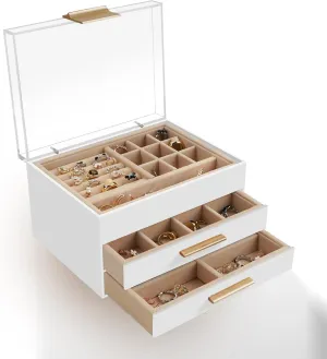 Earrings, Bracelets, Watches (White) Acrylic Jewelry Box, Three-Layer Jewelry Organizer with 360�� Transparent Lid, Suitable for Earrings, academic cider Rings, Bracelets, Necklaces, Stud 