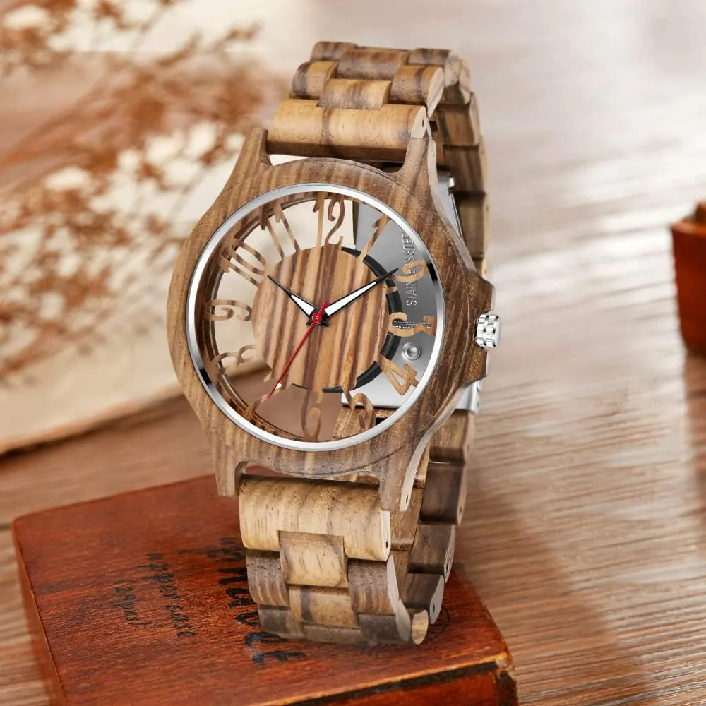 Ebony aside casual left prolifically enlarge Zebra Wooden Quartz Men's Watch,Foldover Clasp Wood Strap Wooden Watches for Men Brown Deep Black 