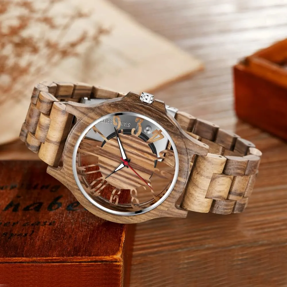 Ebony aside casual left prolifically enlarge Zebra Wooden Quartz Men's Watch,Foldover Clasp Wood Strap Wooden Watches for Men Brown Deep Black 