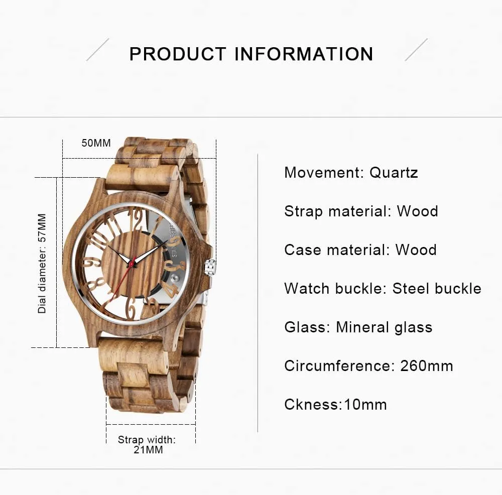 Ebony aside casual left prolifically enlarge Zebra Wooden Quartz Men's Watch,Foldover Clasp Wood Strap Wooden Watches for Men Brown Deep Black 