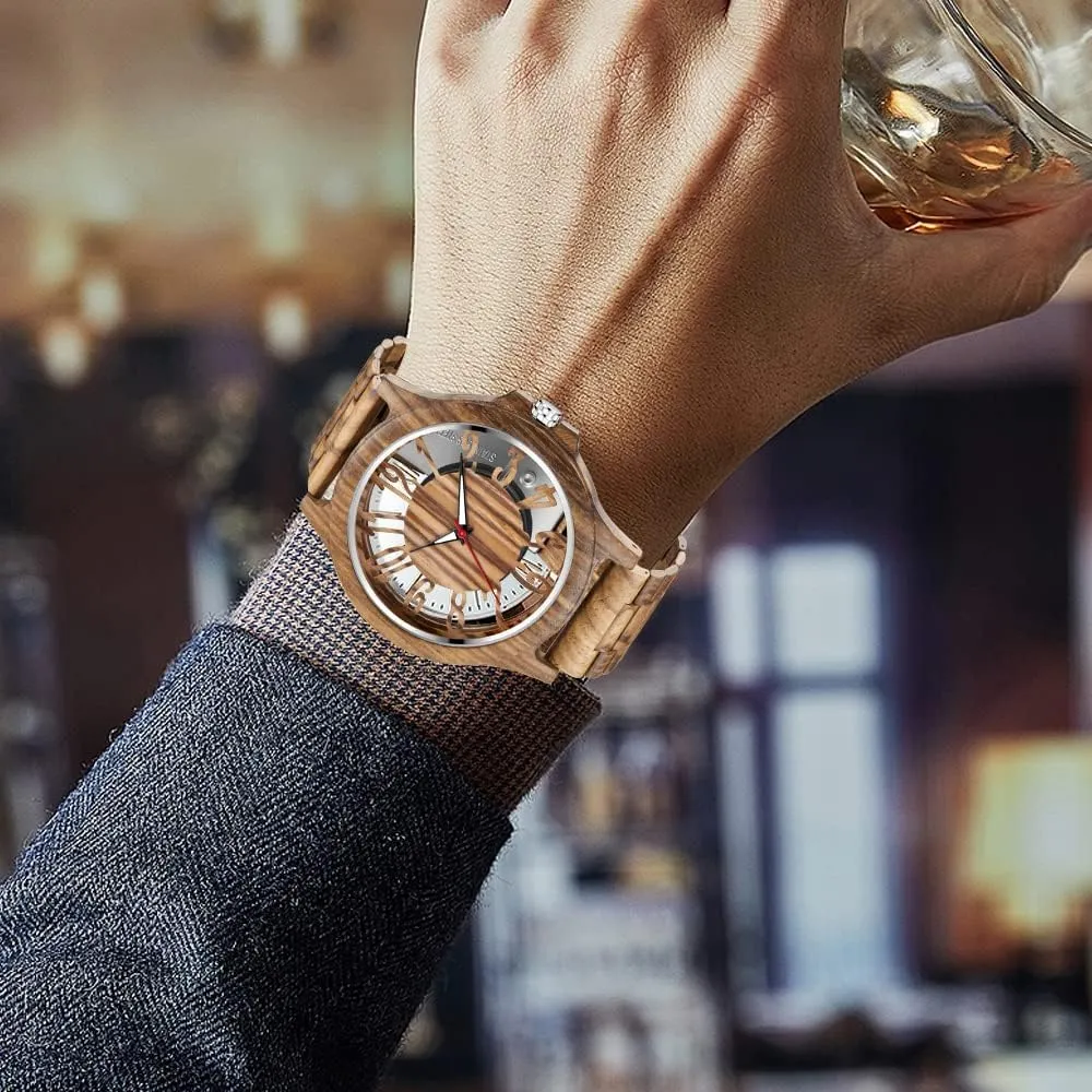 Ebony aside casual left prolifically enlarge Zebra Wooden Quartz Men's Watch,Foldover Clasp Wood Strap Wooden Watches for Men Brown Deep Black 