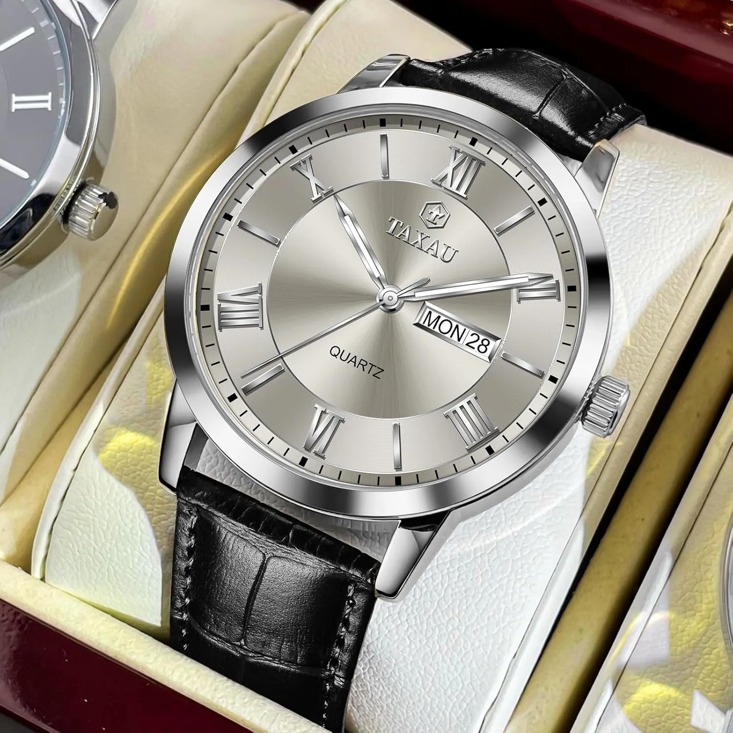 electron abandon distinction Watch Roman Numerals Dress Luminous Rlojes para Hombres Leather Band Mens Watches with Day Date Quartz Analog Large Face Classic 
