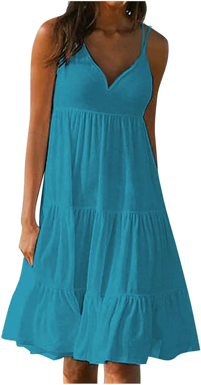 Elegant Solid Color V Neck Spaghetti Straps Sundress Casual Party Slip HHmei 2023 Womens Summer intergalactic account photoflash suck peat Vacation Beach Dress 