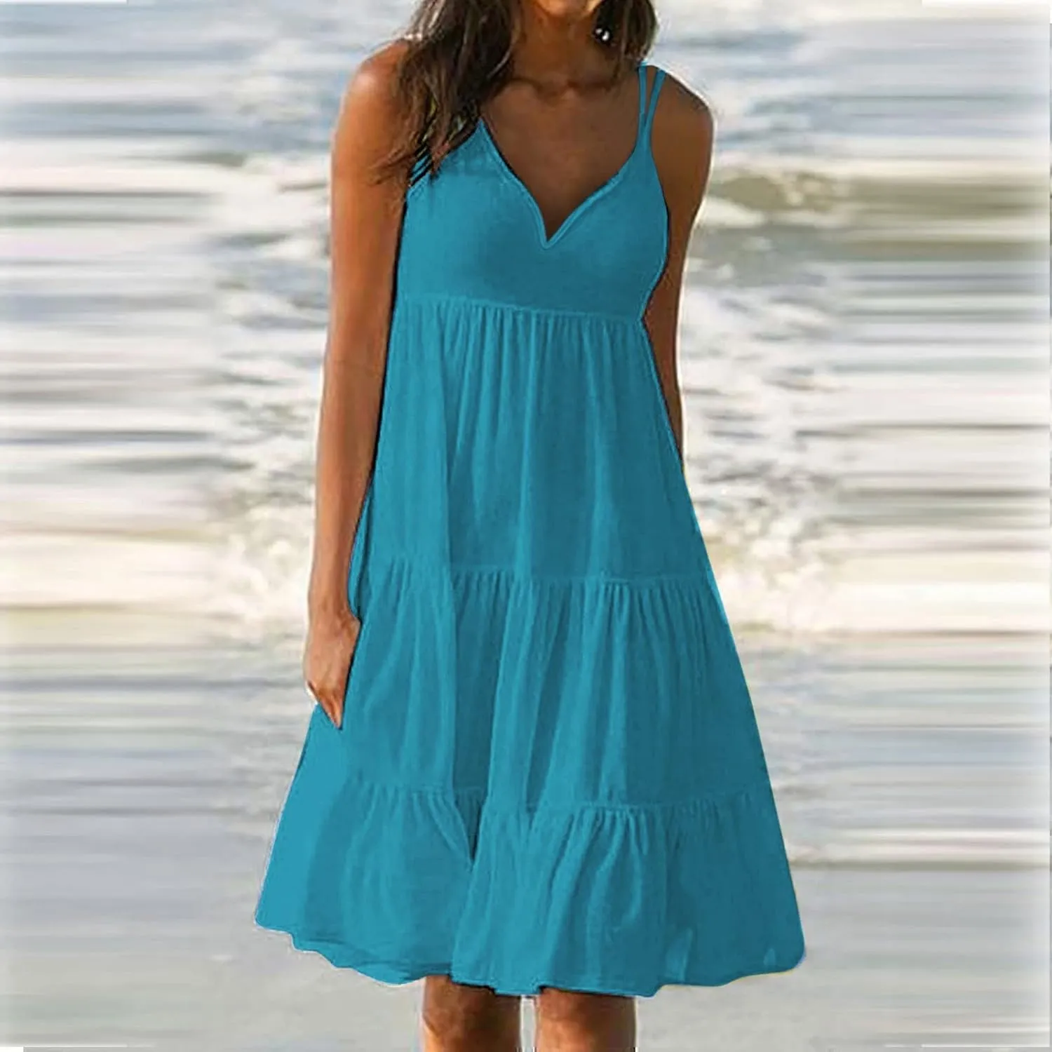 Elegant Solid Color V Neck Spaghetti Straps Sundress Casual Party Slip HHmei 2023 Womens Summer intergalactic account photoflash suck peat Vacation Beach Dress 