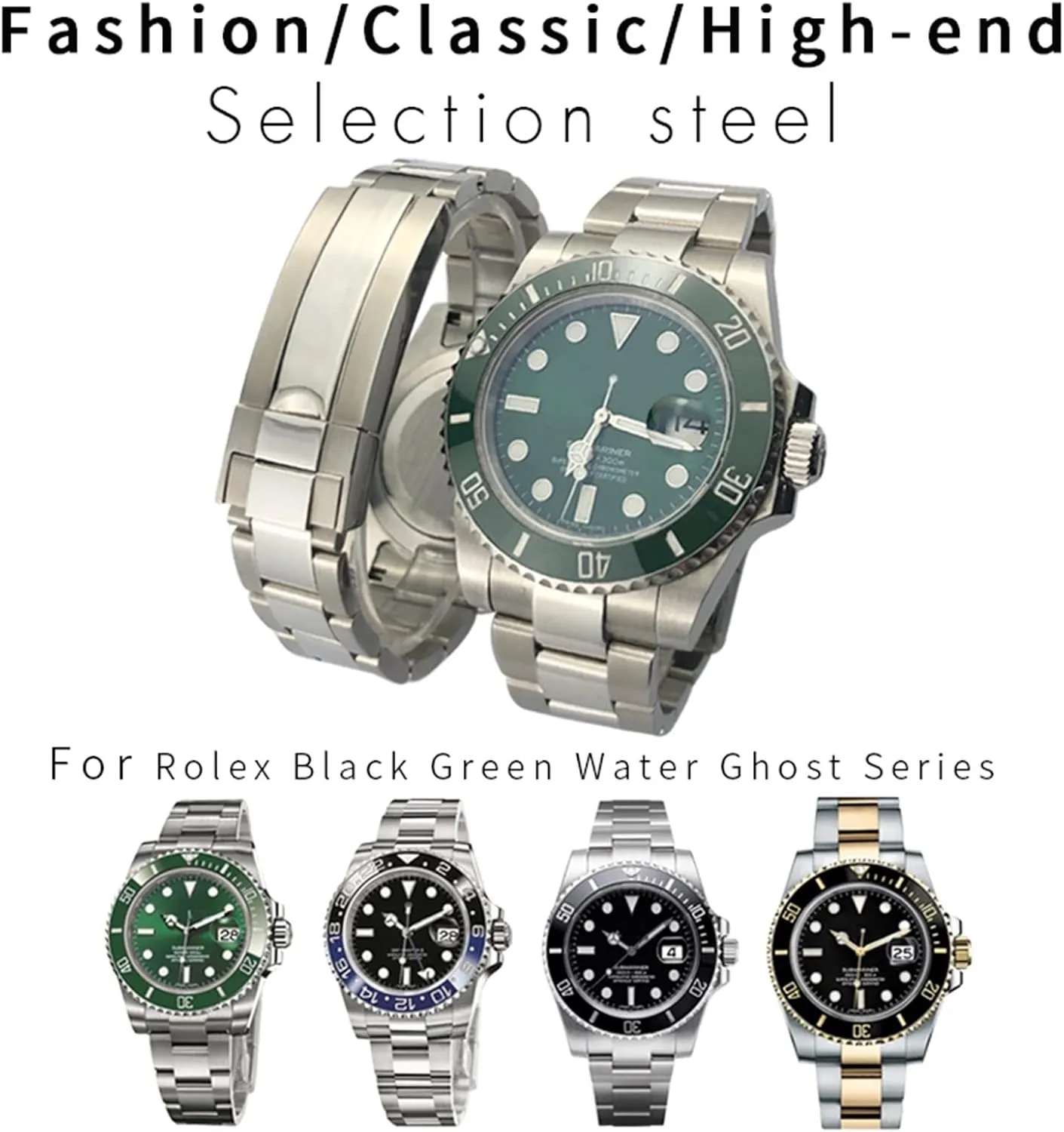End Watchband Fit for Rolex vibrant Submariner Fine-Tuning Pull Button Clasp Watch Strap 20mm 316L Stainless Steel Curved 