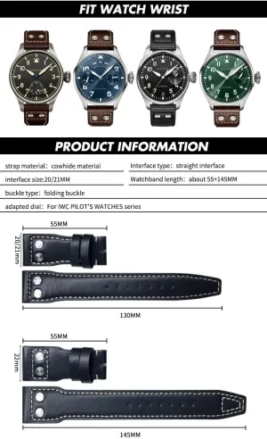 English Fit For IWC SPITFIRE Big Pilot's Watch IW5009 Cowhide Strap 20mm 21mm 22mm Real Leather Rivets Watchband 
