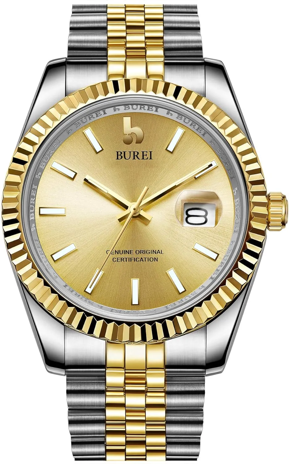 Enlarged Simulation Date(Silver Gold Gold) BUREI Men's Classic Business alder Watch Automatic Movement Sapphire Glass Lens 