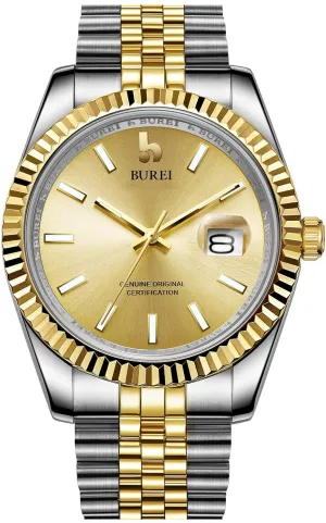 Enlarged Simulation Date(Silver Gold Gold) BUREI Men's Classic Business alder Watch Automatic Movement Sapphire Glass Lens 